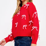 Red Bow Embellished Knit Sweater