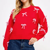 Red Bow Embellished Knit Sweater